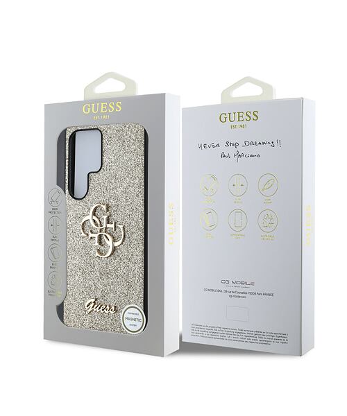 Guess PU Fixed Glitter 4G Metal Logo Zadní Kryt pro Samsung Galaxy S25 Ultra Gold
