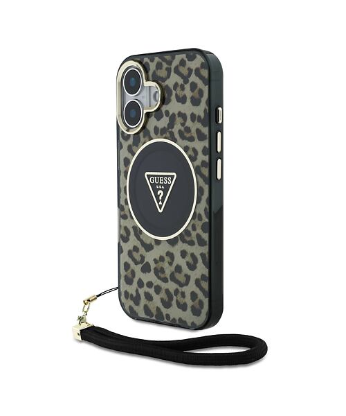 Guess IML Leopard Triangle Logo Strap MagSafe Zadní Kryt pro iPhone 16 Brown