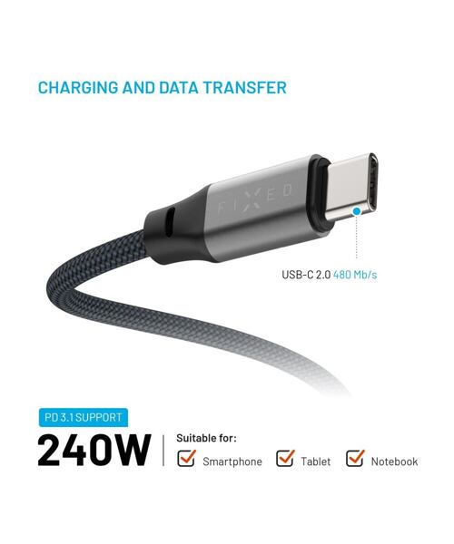 Magnetický nabíjecí a datový opletený kabel FIXED s konektory USB-C/USB-C a podporou PD, 1.2m, USB 2