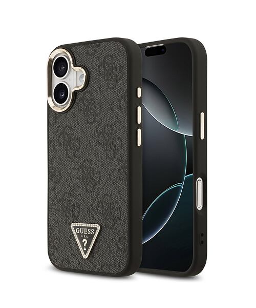 Guess PU Leather 4G Strass Triangle Logo Gold Frame MagSafe Zadní Kryt pro iPhone 17 Black