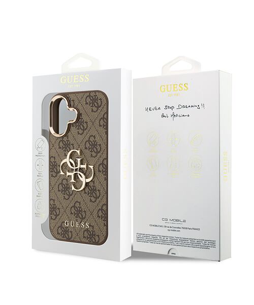 Guess PU Leather 4G Metal Logo Gold Frame Zadní Kryt pro iPhone 17 Brown