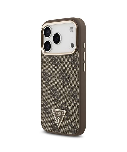 Guess PU Leather 4G Strass Triangle Logo Gold Frame MagSafe Zadní Kryt pro iPhone 17 Pro Brown