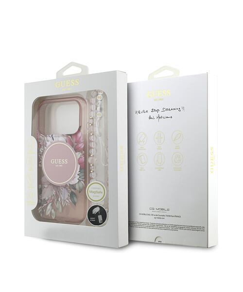 Guess IML Flowers Strap MagSafe Zadní Kryt pro iPhone 17 Pro Pink