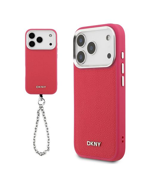 DKNY PU Leather Metal Logo Wrist Chain MagSafe Zadní Kryt pro iPhone 17 Pro Pink