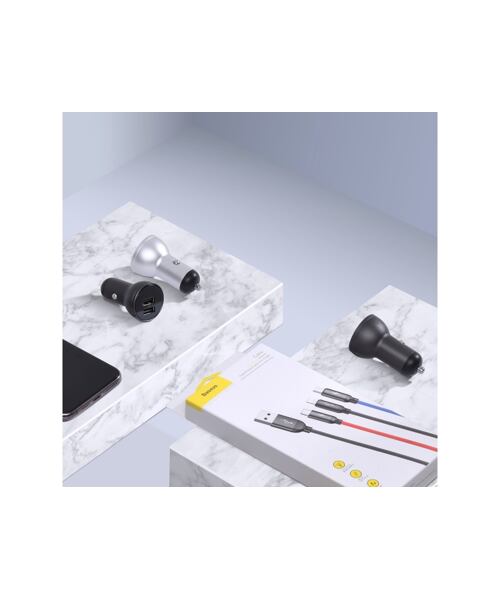 Baseus rychlonabíječka do auta 2xUSB 4,8A 24W s displejem + 3v1 kabel černá