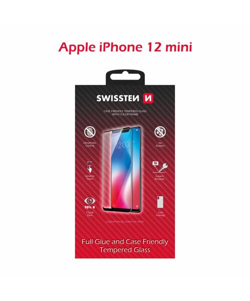 SKLO SWISSTEN FULL GLUE, COLOR FRAME, CASE FRIENDLY PRO APPLE IPHONE 12 MINI ČERNÉ