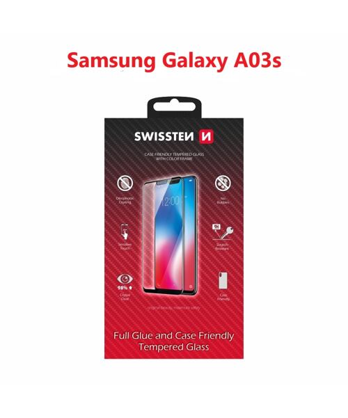 SKLO SWISSTEN FULL GLUE, COLOR FRAME, CASE FRIENDLY PRO SAMSUNG A037 GALAXY A03s ČERNÉ