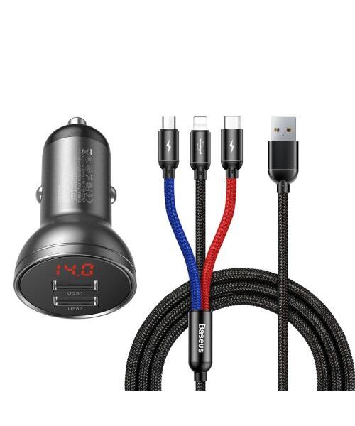 Baseus rychlonabíječka do auta 2xUSB 4,8A 24W s displejem + 3v1 kabel černá