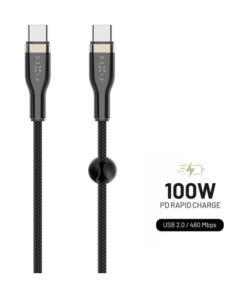 Nabíjecí a datový opletený kabel FIXED s konektory USB-C/USB-C a podporou PD, 1.2m, USB 2.0, 100W, č