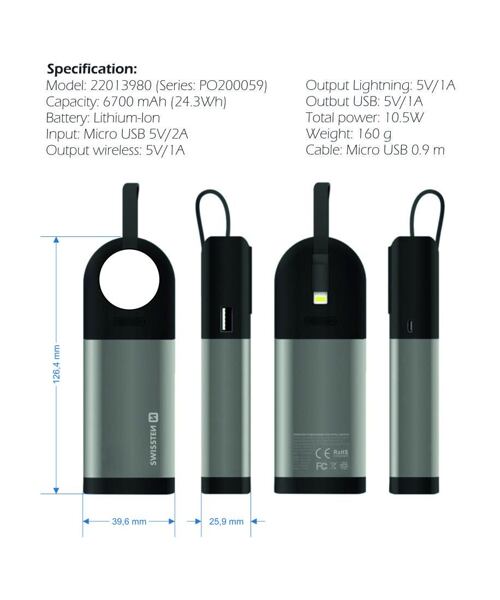 SWISSTEN 2in1 APPLE WATCH MFI POWER BANK 6700 mAh