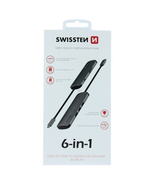 SWISSTEN USB-C HUB 6-IN-1 (USB-C PD, 3X USB 3.0, SD, MICRO SD) ALUMINIUM