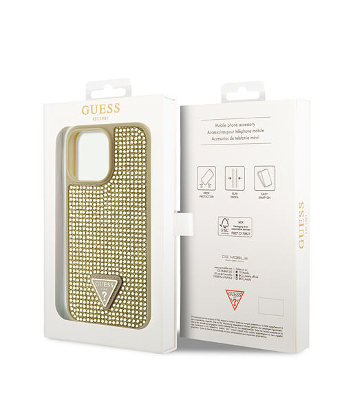 Guess Rhinestones Triangle Metal Logo Kryt pro iPhone 15 Pro Max Gold