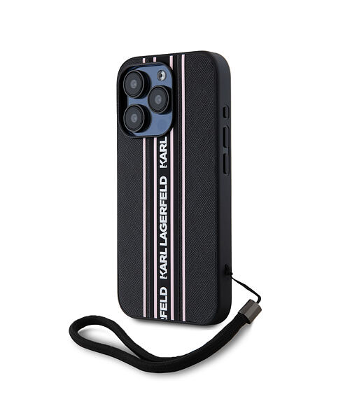 Karl Lagerfeld PU Saffiano Athleisure Stripe and Strap Zadní Kryt pro iPhone 15 Pro Max Pink