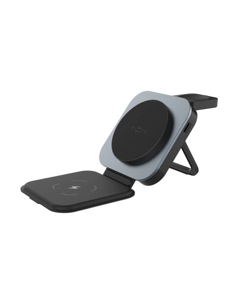 Skládací magnetický bezdrátový nabíjecí stojan 3v1 FIXED MagFlex Alu, 15W+2.5W+3.5W, šedý