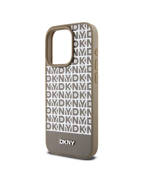 DKNY PU Leather Repeat Pattern Bottom Stripe MagSafe Zadní Kryt pro iPhone 15 Pro Brown