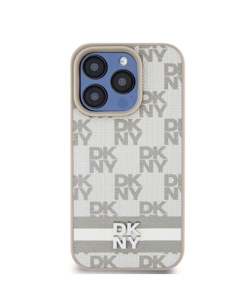 DKNY PU Leather Checkered Pattern and Stripe Zadní Kryt pro iPhone 14 Pro Beige