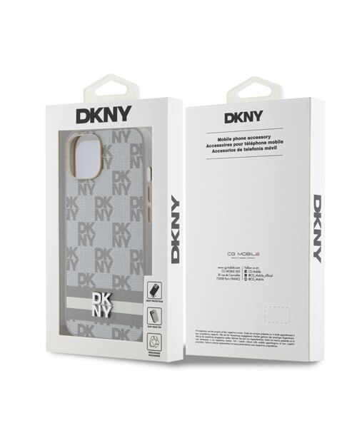 DKNY PU Leather Checkered Pattern and Stripe Zadní Kryt pro iPhone 15 Beige