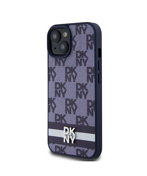 DKNY PU Leather Checkered Pattern and Stripe Zadní Kryt pro iPhone 15 Blue
