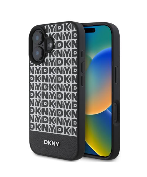 DKNY PU Leather Repeat Pattern Bottom Stripe MagSafe Zadní Kryt pro iPhone 16 Plus Black