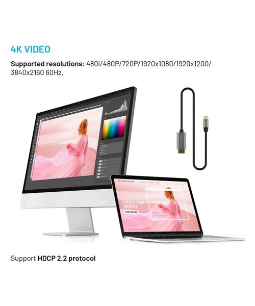 Video kabel FIXED s konektory USB-C/HDMI, USB-C 3.1 Gen 2 18Gbps, HDMI 2.0 4K60Hz, 2m, šedý