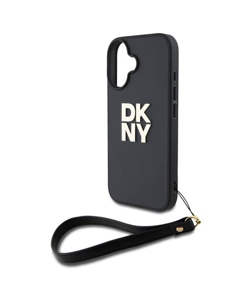 DKNY PU Leather Stack Logo Wrist Strap Zadní Kryt pro iPhone 16 Black