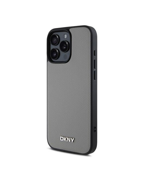 DKNY PU Leather Silver Metal Logo Magsafe Zadní Kryt pro iPhone 16 Pro Max Grey