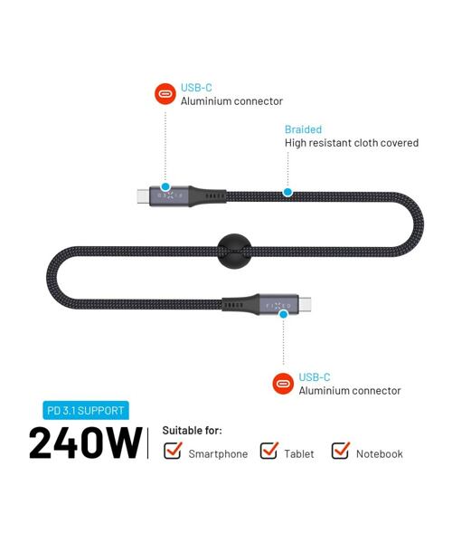 Dlouhý nabíjecí a datový opletený kabel FIXED s konektory USB-C/USB-C, PD 3.1, 2 m, USB4gen2 20Gbps,