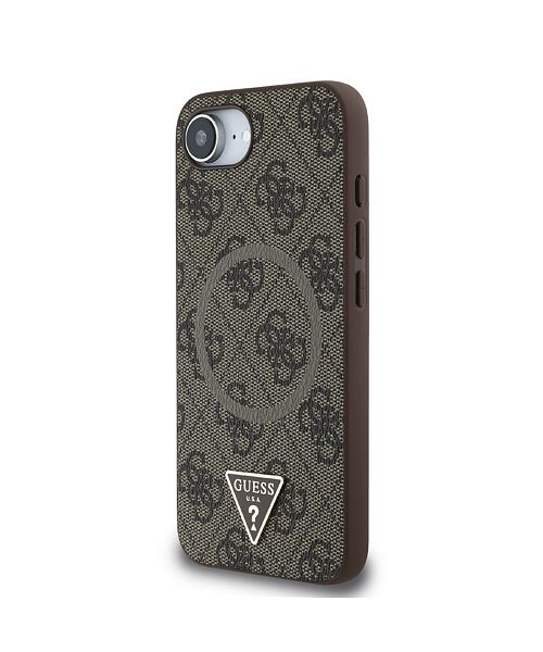 Guess PU 4G Strass Triangle Metal Logo MagSafe Zadní Kryt pro iPhone 16e Brown