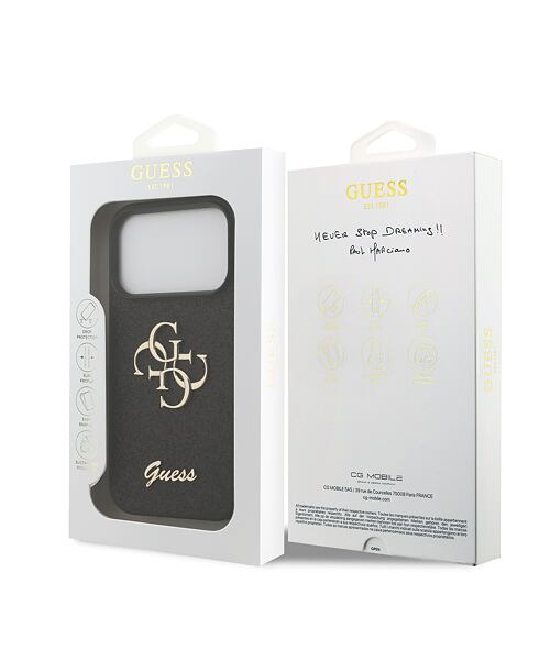 Guess PU Fixed Glitter 4G Metal Logo Zadní Kryt pro iPhone 17 Pro Black