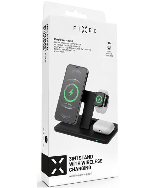 FIXED Stojánek s bezdrátovým nabíjením 3v1 MagPowerstation s podporou uchycení MagSafe 15W Black