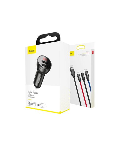 Baseus rychlonabíječka do auta 2xUSB 4,8A 24W s displejem + 3v1 kabel černá