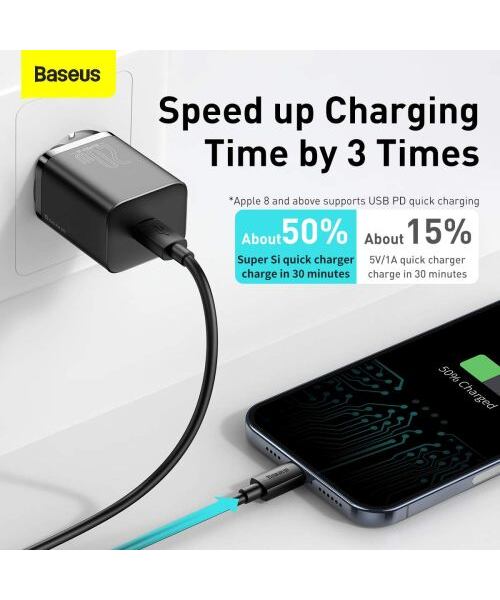 Baseus rychlonabíječka do sítě Super Si USB-C PD QC 20W černá s kabelem USB-C/Lightning 1m