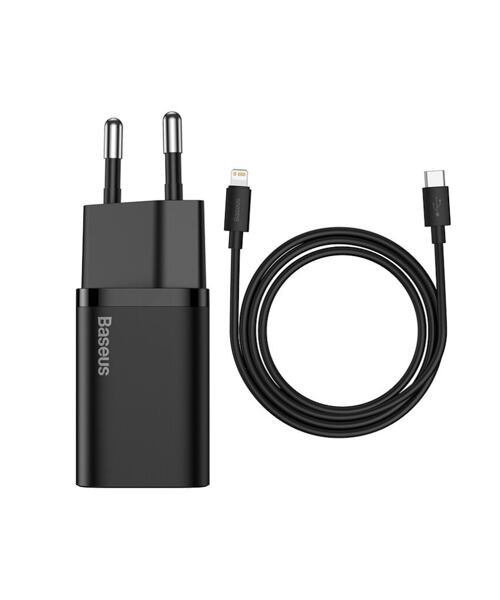 Baseus rychlonabíječka do sítě Super Si USB-C PD QC 20W černá s kabelem USB-C/Lightning 1m
