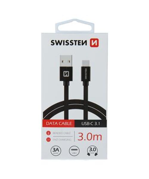 DATOVÝ KABEL SWISSTEN TEXTILE USB / USB-C 3,0 M ČERNÝ