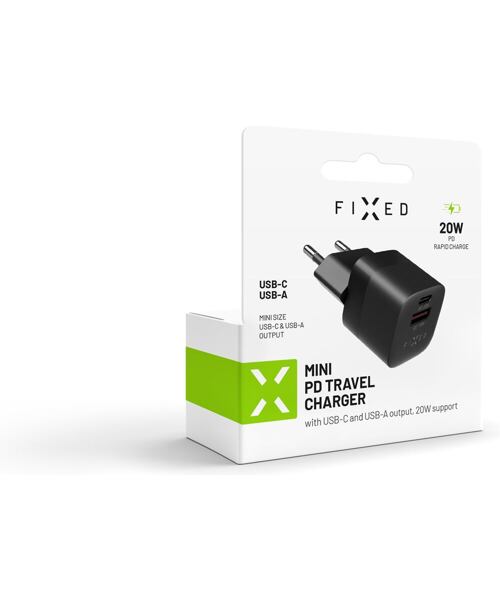 Síťová nabíječka FIXED Mini s USB-C a USB výstupem, podpora PD a QC 3.0, 20W, černá