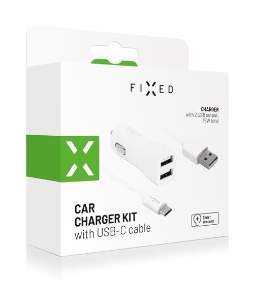 Set autonabíječky FIXED s 2xUSB výstupem a USB/USB-C kabelu, 1 metr, 15W Smart Rapid Charge, bílá