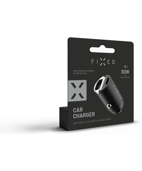 Autonabíječka FIXED s USB-C a USB-A výstupem v miniaturním provedení, podpora PD a QC 3.0, 30W, čern