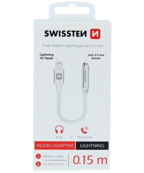 AUDIO ADAPTÉR SWISSTEN TEXTILE LIGHTNING /JACK(samice) 0,15 M STŘÍBRNÝ