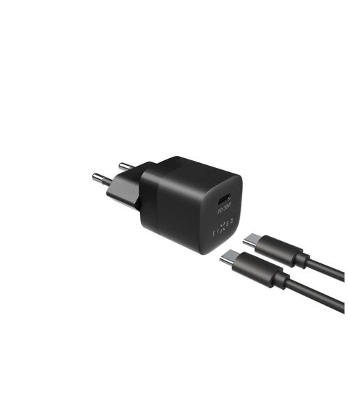Set síťové nabíječky FIXED Mini s USB-C výstupem a USB-C/USB-C kabelu, podpora PD, 1 metr, 30W, čern