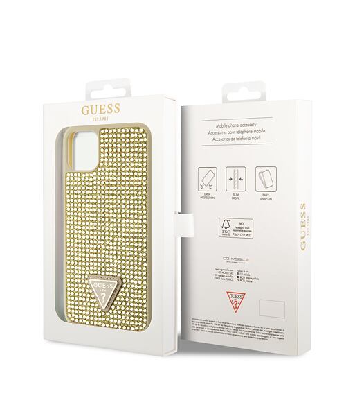 Guess Rhinestones Triangle Metal Logo Kryt pro iPhone 11 Pro Max Gold