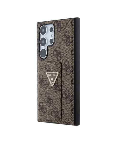 Guess PU Grip Stand 4G Strass Triangle Metal Logo Zadní Kryt pro Samsung Galaxy S24 Ultra  Brown