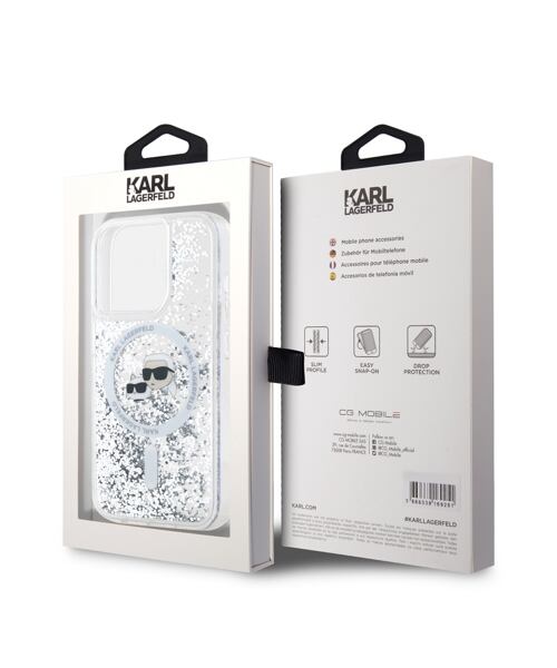 Karl Lagerfeld Liquid Glitter Karl and Choupette Heads MagSafe Zadní Kryt pro iPhone 15 Pro Max Tran