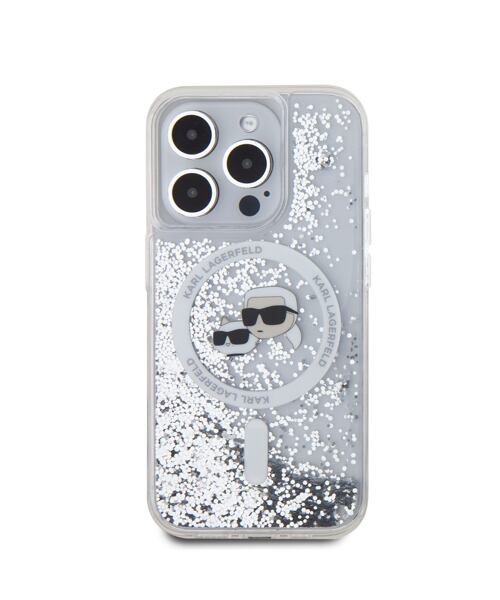 Karl Lagerfeld Liquid Glitter Karl and Choupette Heads MagSafe Zadní Kryt pro iPhone 15 Pro Transpar