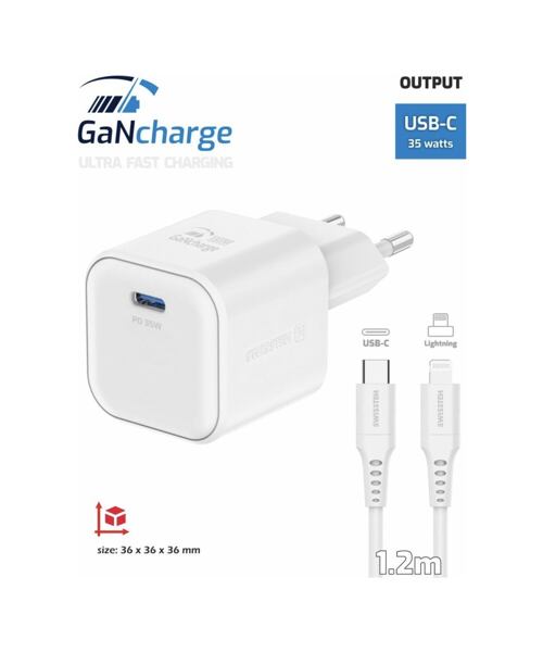 SWISSTEN SÍŤOVÝ ADAPTÉR GaN 1x USB-C 35W POWER DELIVERY BÍLÝ + DATOVÝ KABEL USB-C/LIGHTNING 1,2 M BÍ