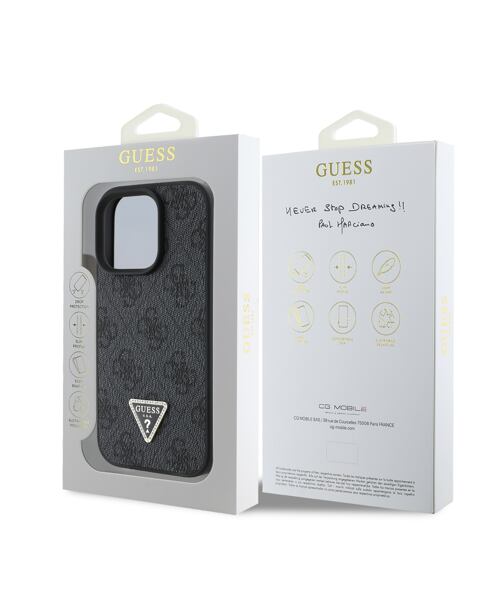 Guess PU 4G Strass Triangle Metal Logo Zadní Kryt pro iPhone 16 Pro Max Black