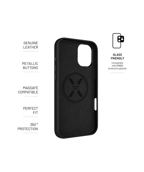 Kožený zadní kryt FIXED MagLeather s podporou MagSafe pro Apple iPhone 16 Plus, černý