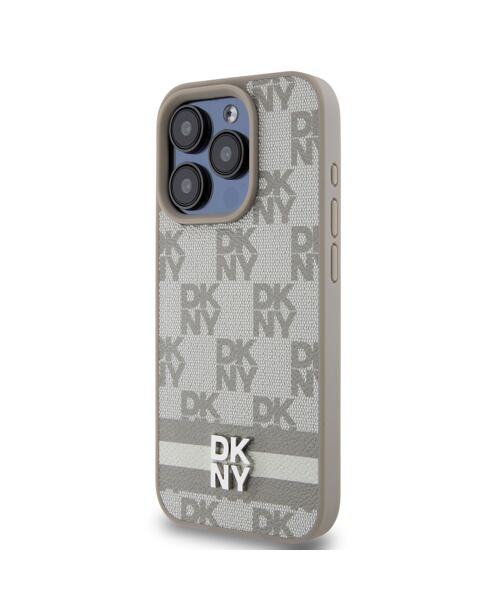 DKNY PU Leather Checkered Pattern and Stripe Zadní Kryt pro iPhone 14 Pro Beige