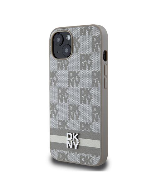 DKNY PU Leather Checkered Pattern and Stripe Zadní Kryt pro iPhone 13 Beige