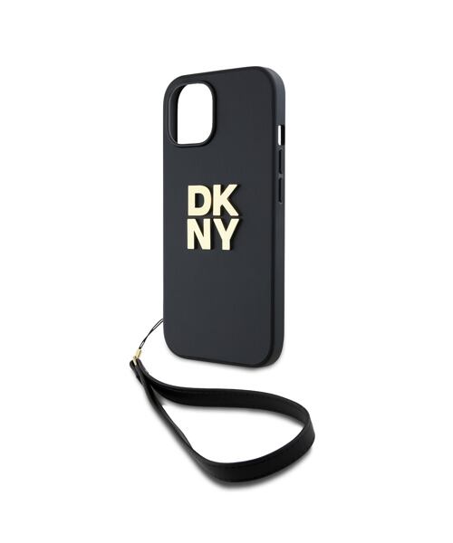 DKNY PU Leather Stack Logo Wrist Strap Zadní Kryt pro iPhone 14 Black
