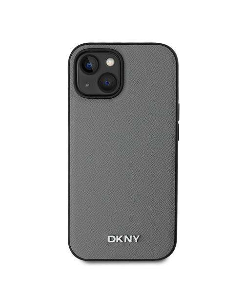 DKNY PU Leather Silver Metal Logo Magsafe Zadní Kryt pro iPhone 15 Grey